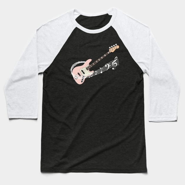 Music Staff Pink Bass Guitar Baseball T-Shirt by nightsworthy